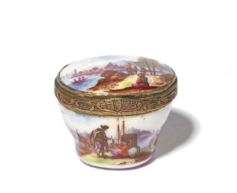 A rare Meissen thimble case or patch box, c.1745-50, the sides painted with a continuous harbour scene or kauffahrtei, depict