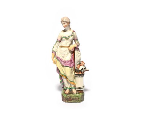 A Ludwigsburg figure of Minerva, c.1765-70, dressed in flowing robes and standing beside a low pillar supporting her shield a