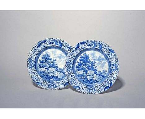 A pair of blue and white transferware Durham Ox plates, 1st half 19th century, printed with the eponymous bull from the print