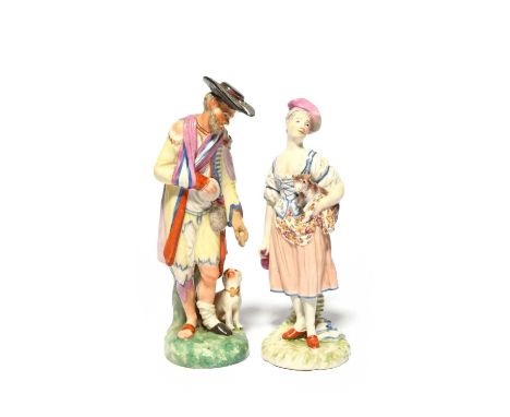 Two Ludwigsburg figures, c.1780-1800, one of a shepherd girl carrying a lamb, a flask in her right hand, the other of a ragge