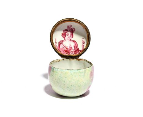 A rare South Staffordshire enamel bonbonniere, c.1770, modelled as a peach with purple striations and pale green sponged deco