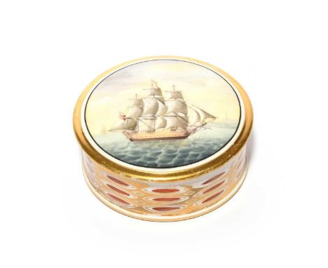 An English porcelain snuff box and cover, c.1800-10, probably Derby, the circular form painted to the top with a three-masted