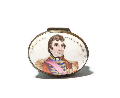A South Staffordshire enamel patch box, c.1812, printed and coloured with a head and shoulders portrait of Arthur Wellesley, 