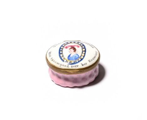A South Staffordshire enamel commemorative patch box, c.1820, painted with an oval portrait of Caroline of Brunswick wearing 