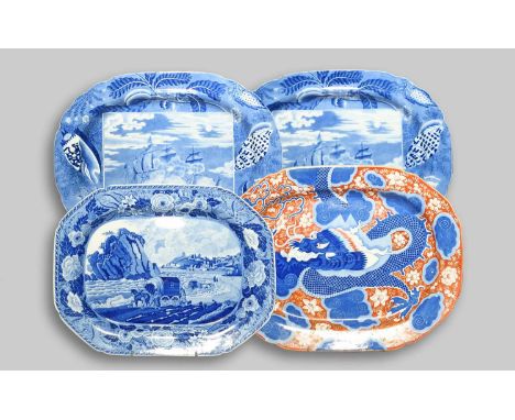 Four large transferware chargers or meat dishes, 19th century, two printed with a night sea battle between the Blanche and La