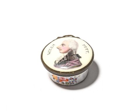 A South Staffordshire enamel patch box of political interest, c.1801, the circular top printed and coloured with a profile po