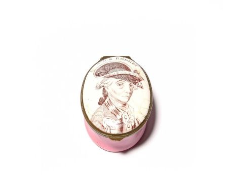 An English enamel patch box relating to the American Wars of Independence, c.1780, the oval form printed with a portrait of A