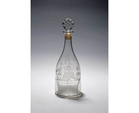 A glass decanter and stopper, dated 1774, of club shape and engraved with a three-masted ship at sail, the reverse inscribed 