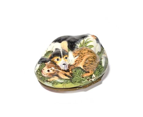 A large English enamel snuff box or bonbonnière, c.1770, modelled as a dog pinning down a hare with its mouth and forepaw, ra