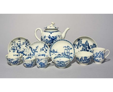 A group of Worcester blue and white teawares, c.1758-70, including a teapot and cover painted with the Mansfield pattern, a f
