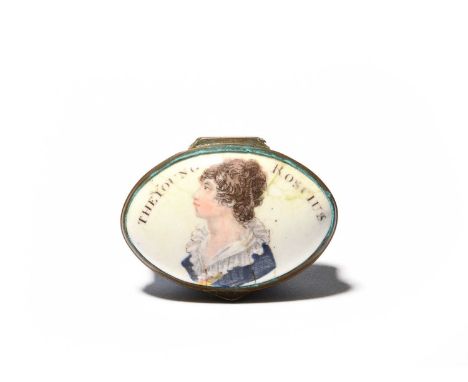 A South Staffordshire enamel patch box of theatrical interest, c.1805, the top printed and coloured with a titled profile por