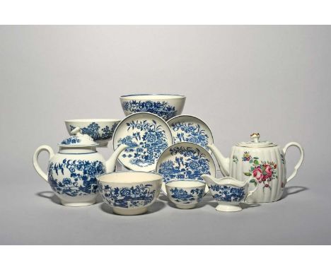 A collection of English blue and white porcelain, c.1760-80, including a Caughley teapot and cover in the Fence pattern, thre