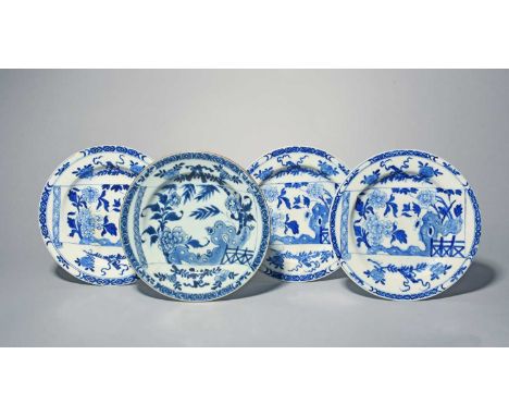 Three early Bow blue and white plates, c.1749-52, painted in a bright blue with the Broken Scroll pattern, the scroll depicti