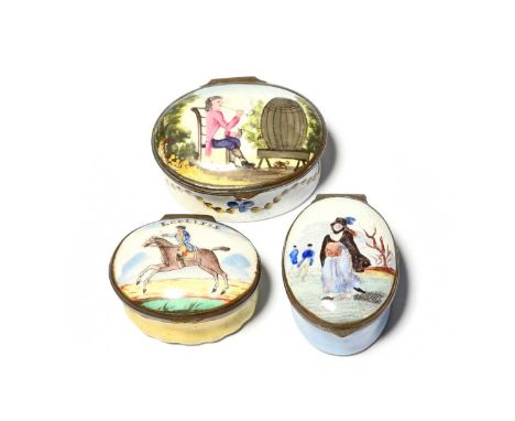 Three English enamel patch boxes, late 18th/early 19th century, one painted with a man smoking a long pipe beside a large bee