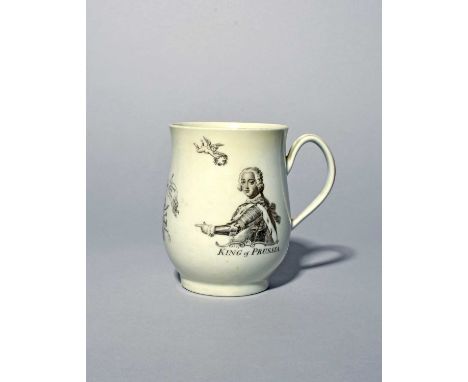 A Worcester bell-shaped King of Prussia mug, c.1757, printed in black with a head and shoulders portrait of Frederick II of P