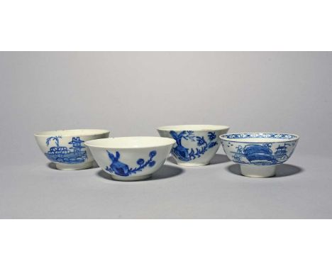 Four Bow blue and white small bowls or teabowls, c.1752-58, one conical and painted with a vase, a tied scroll and other ausp