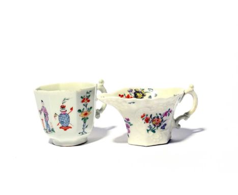 An early Worcester octagonal cup, c.1753-55, painted with a Chinese figure flanked by vases and flower sprigs, with an elabor