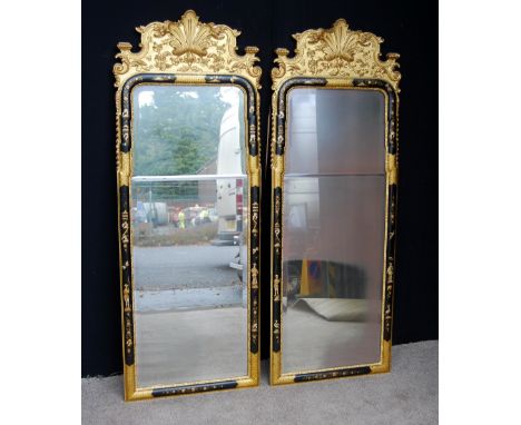 Pair of Chippendale style gilt chinoiserie pier glasses, each with shell pediment and floral decoration over bevelled glass p
