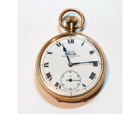 Swiss keyless watch, 'Pyramid for Spikins from Dent', in Dennison 9ct gold open face case, engine turned, 1928, 47mm. Conditi
