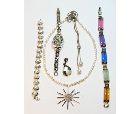 Silver bracelet with peridot and other gems, a silver and pearl necklace, a similar bracelet, a fashion watch and two other i