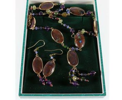 Pair of 18ct yellow gold boulder and gemstone hook earrings, 10.5g, and a similar necklace.