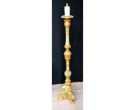 Continental overpainted standard lamp of baluster form with acanthus decoration, raised on tripod scrolling brackets and paw 