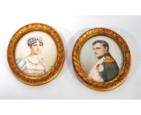 Pair of portrait miniatures of Napoleon and Josephine on ivory, signed David, 7cm.  (2) Condition Report Good condition, no i