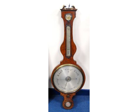 Regency mahogany inlaid wheel barometer by Manticha of Greenock, the swan neck pediment over brushed metal dial, trunk chrono