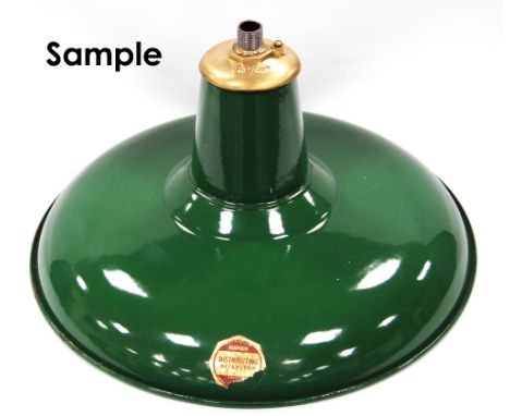 Pair of mid 20th century green and cream enamelled ceiling lights by Benjamin, with ceramic fittings and labels, 38cm diamete