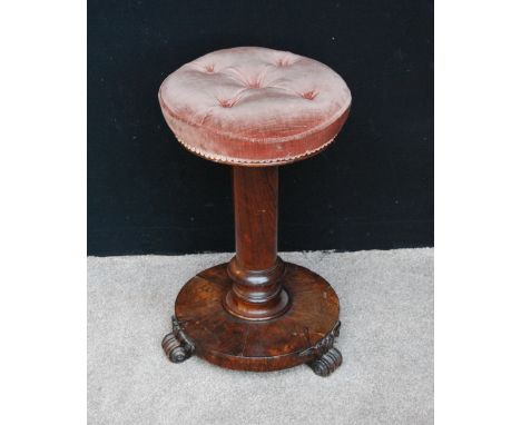 Victorian rosewood adjustable piano stool with button cushioned seat, tapering column, plinth base and scroll feet, 58cm high