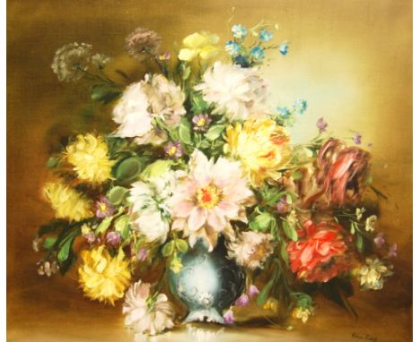 RANA REIDELPeoniesSigned lower right, oil on canvas, 51cm x 61cm.Label verso: T. & R. Annan & Sons, 130 West Campbell Street,
