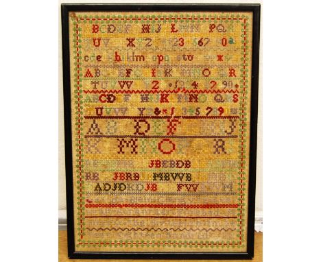 19th century sampler, 1873, 40cm x 30cm.