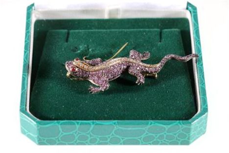 Salamander brooch set with sapphire, ruby and diamond with cabochon eyes, 14.6g,
