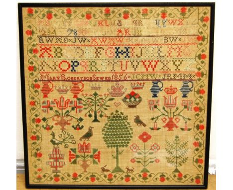 Mid-19th century century sampler by Mary Robertson, 1856, 43cm x 43cm. Condition Report There is colour fading commensurate w