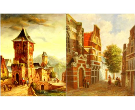 R FAINELLOPair of continental street scenesSigned lower right, oil on panel, 28cm x 22cm.   (2)