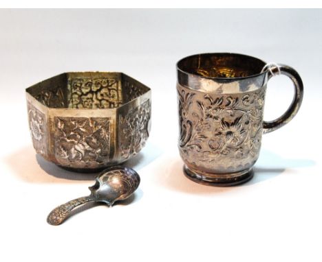 Silver christening mug, embossed, by Elkingtons, 1895 (5oz), an Egyptian silver hexagonal bowl and a caddy spoon, Birmingham 