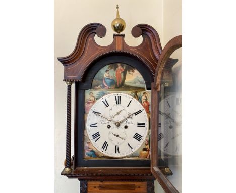 Scott Perth: a Regency mahogany satinwood crossbanded boxwood and ebony strung longcase clock, the arched hood with broken sw