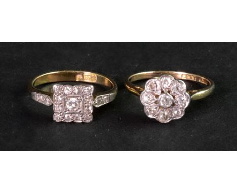 An 18ct gold and diamond set cluster ring of square plaque design, set with circular cut diamonds, ring size M; and a diamond