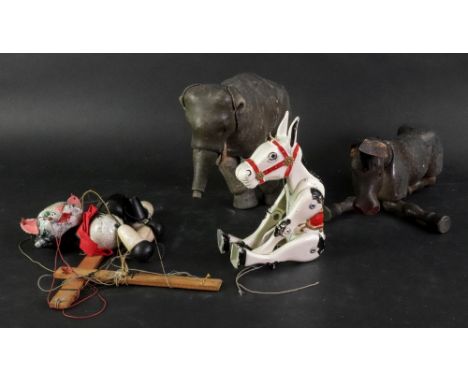A Pelham Puppets painted wooden cat, vintage articulated brown painted wooden horse, 24cm wide, a similar grey elephant, 23m 