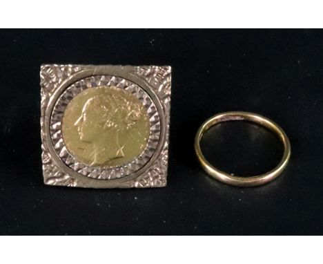 A 22ct gold band ring, ring size L, 2.5g; and a Victorian half sovereign with the young head and shield back circa 1873; in a