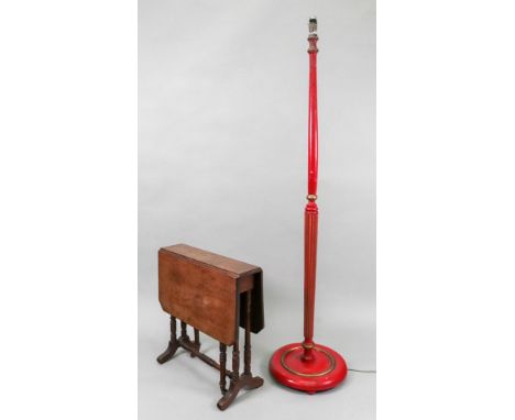 A red and gilt painted turned and fluted column standard lamp, 152cm high, a similar tryptych mirror, an Edwardian walnut Sut