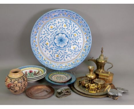 A large circular Caltagirone, Sicilian pottery dish, painted with flowers and leaves, 48cm diameter, three Greek ceramic dish