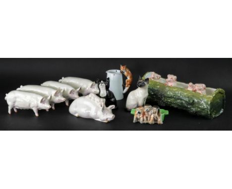 Four Beswick Ch. Wallgreen 40 &amp; 53 pigs, Beswick sow, four pigs leaning over the side of a log vase, two Beswick cats, Sp