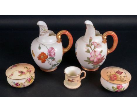 A pair of Royal Worcester flat back jugs, shape no. 1094, painted with flowering branches against an ivory ground, 12.5cm hig