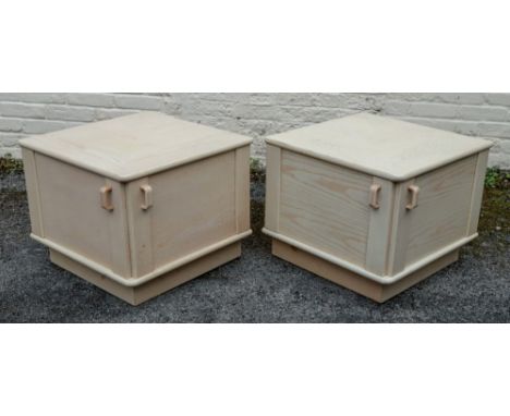 A pair of G-Plan light oak corner low cabinets, 58cm square x 49cm high.