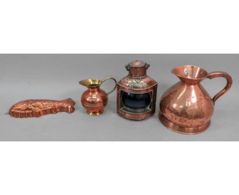 A copper and brass starboard lamp, 33cm high, a Victorian stepped cylindrical copper jelly mould, stamped 508, 12cm high, a c