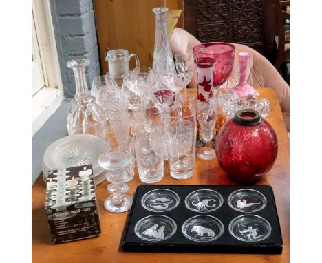 A boxed set of six Val Saint Lambert glass signs of the zodiac coasters, boxed, iittala i Finland glass candlestick and other