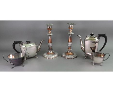 An electroplated four-piece tea and coffee service, of canted rectangular form, on shell and scroll feet and a pair of Old Sh