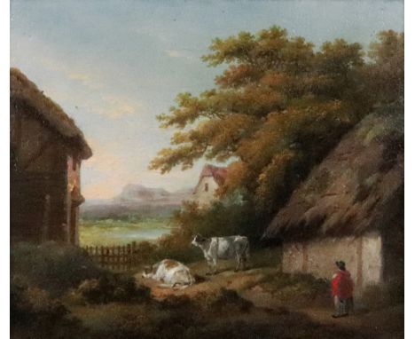English School, 19th Century, A figure in a red cloak with cows in a landscape, oil on canvas, 24 x 29cm.