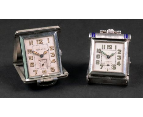An Art Deco blue enamelled travelling pocket watch, in square case, the engine turned dial with Arabic numerals, and subsidia